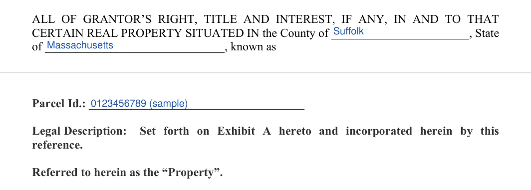Massachusetts quitclaim deed: property county state and parcel id, filled with sample entries