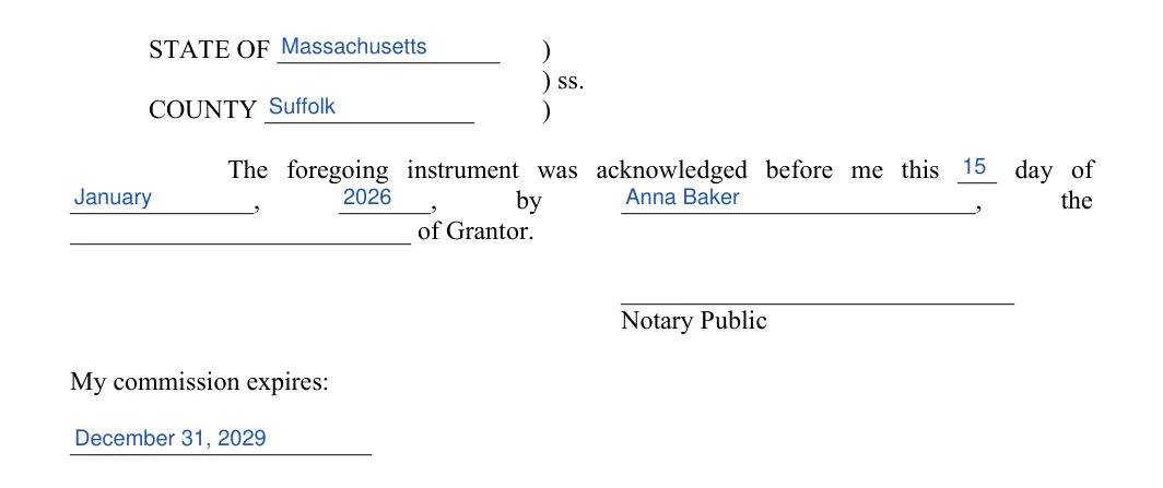 Massachusetts quitclaim deed: notary acknowledgment, filled with sample entries