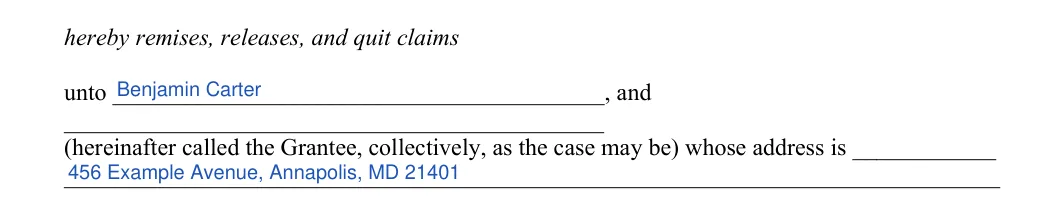 Maryland quitclaim deed: grantee, filled with sample entries