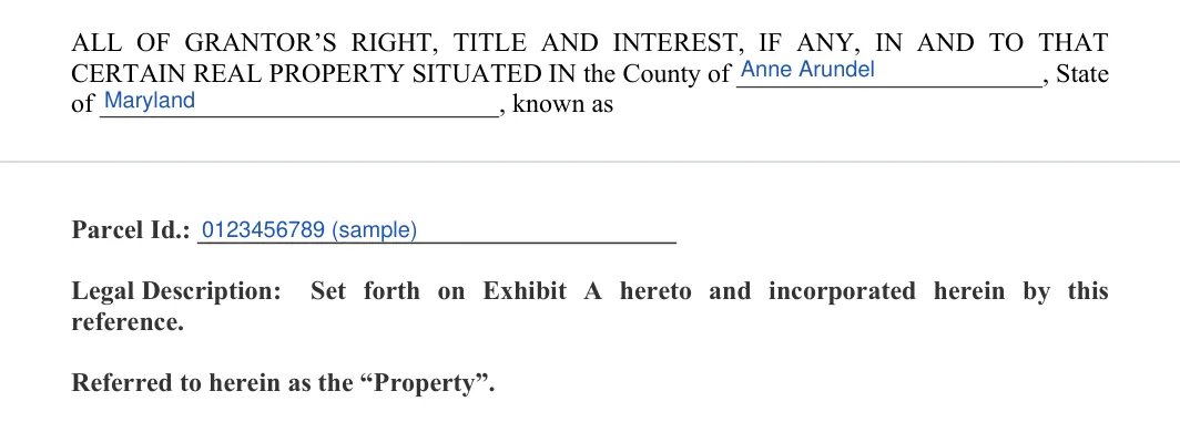 Maryland quitclaim deed: property county state and parcel id, filled with sample entries