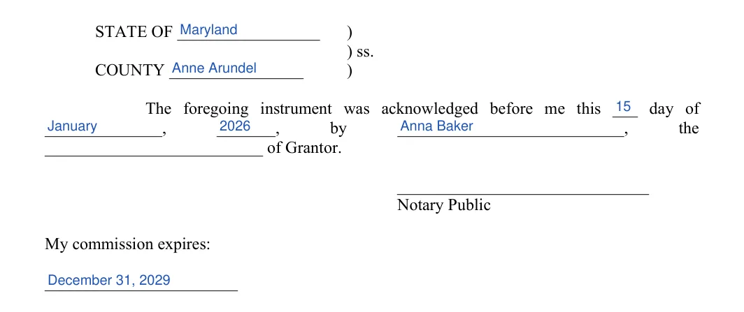 Maryland quitclaim deed: notary acknowledgment, filled with sample entries