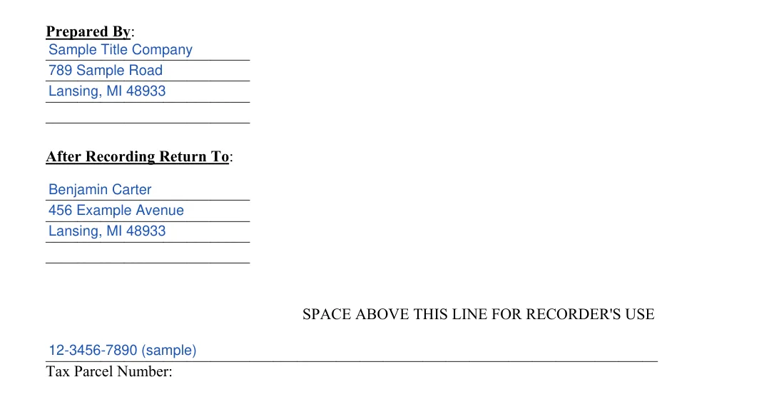 Michigan quitclaim deed: prepared by return to and tax parcel number, filled with sample entries