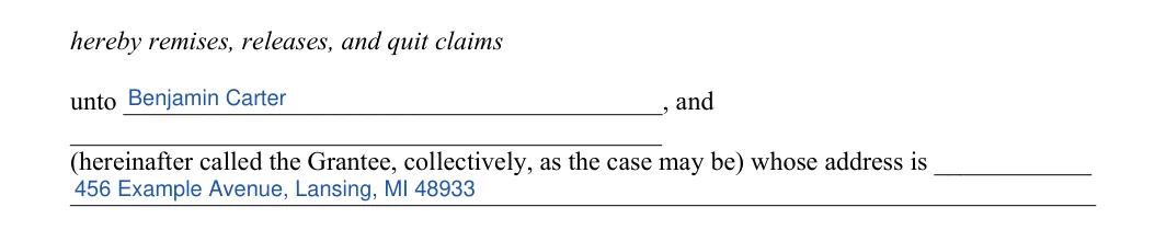Michigan quitclaim deed: grantee, filled with sample entries