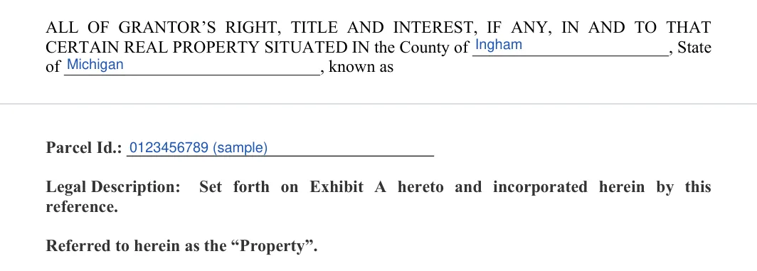 Michigan quitclaim deed: property county state and parcel id, filled with sample entries