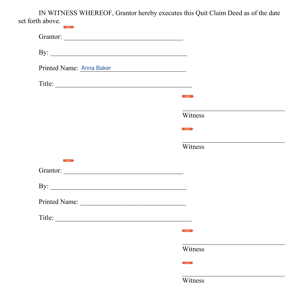Michigan quitclaim deed: grantor signature and witnesses, filled with sample entries