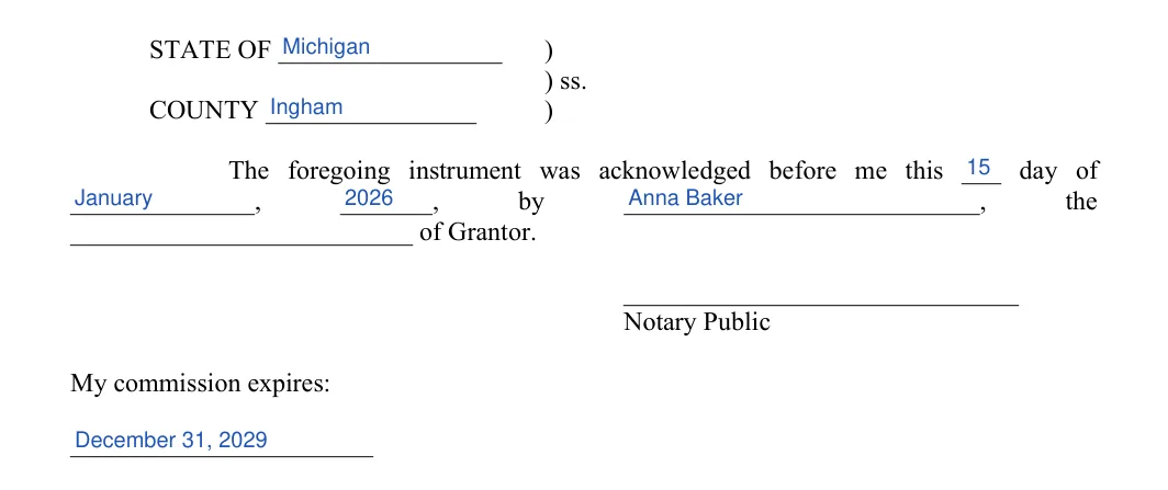 Michigan quitclaim deed: notary acknowledgment, filled with sample entries