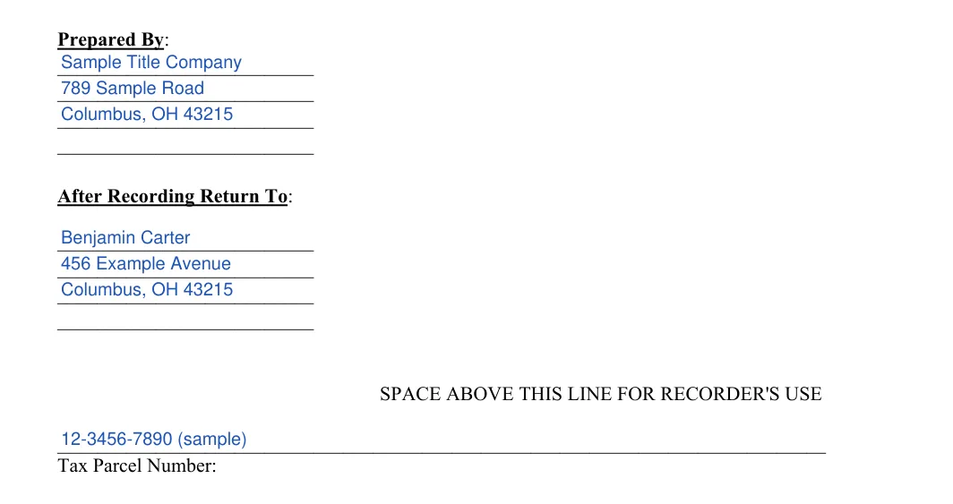Ohio quitclaim deed: prepared by return to and tax parcel number, filled with sample entries
