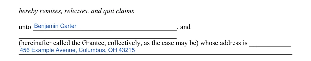 Ohio quitclaim deed: grantee, filled with sample entries