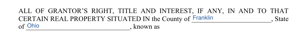 Ohio quitclaim deed: property county and state, filled with sample entries
