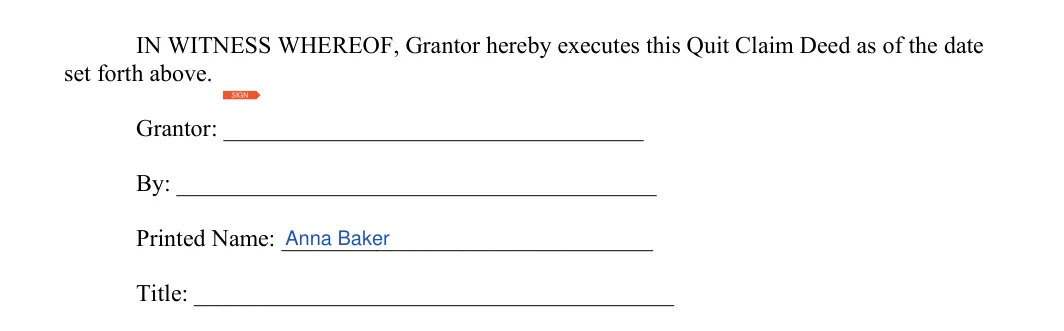 Ohio quitclaim deed: grantor signature block, filled with sample entries