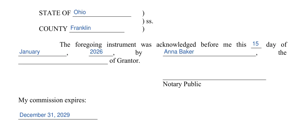 Ohio quitclaim deed: notary acknowledgment, filled with sample entries