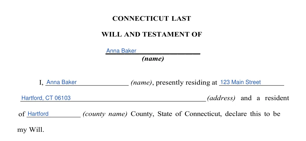 Connecticut last will and testament: testator details, filled with sample entries