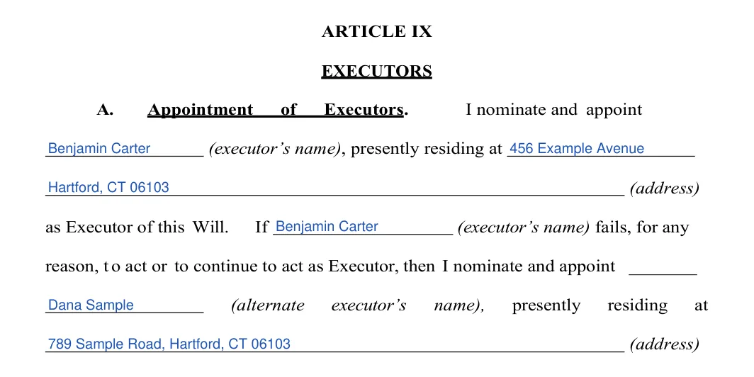 Connecticut last will and testament: executor, filled with sample entries