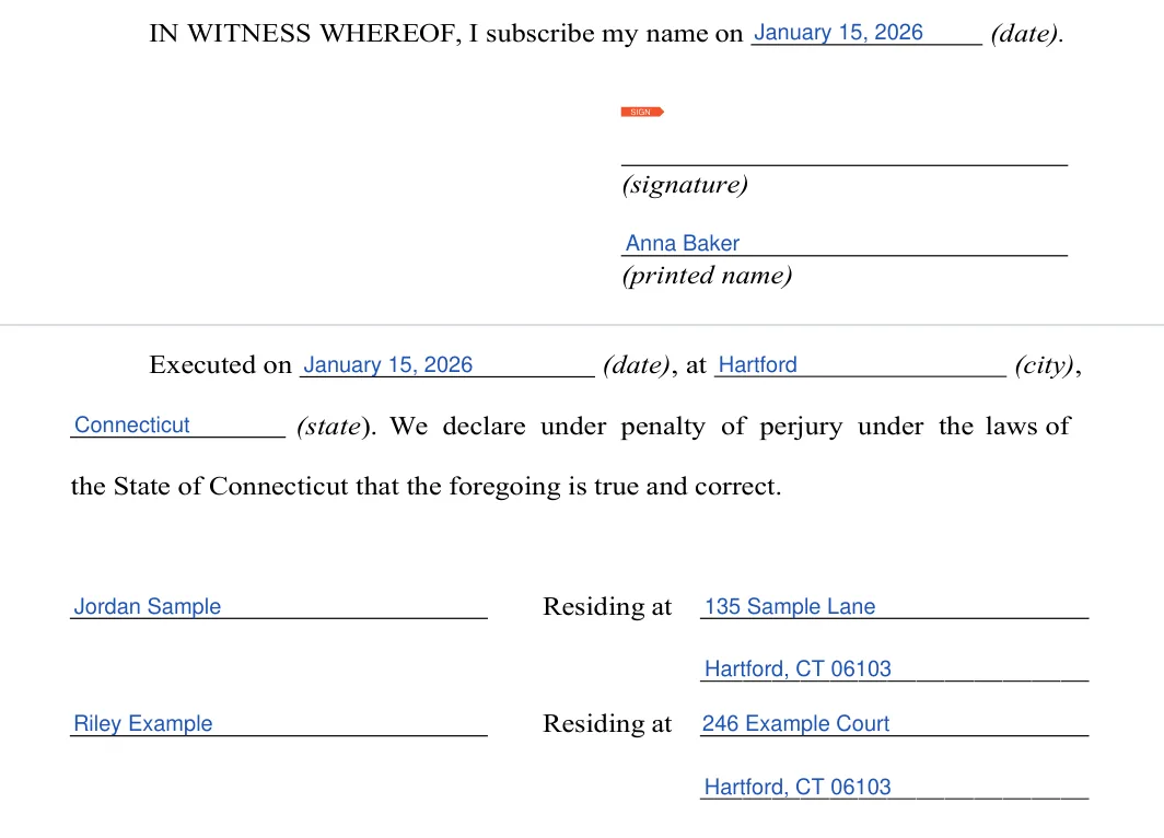 Connecticut last will and testament: signatures and witnesses, filled with sample entries