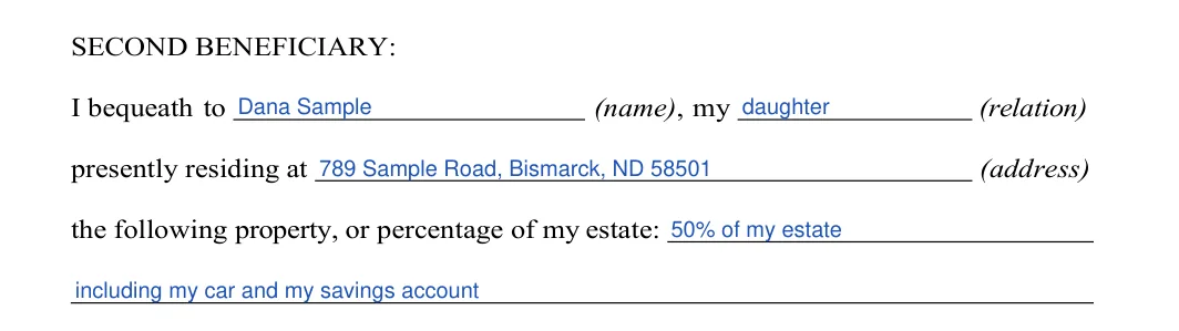North Dakota last will and testament: property for each beneficiary, filled with sample entries