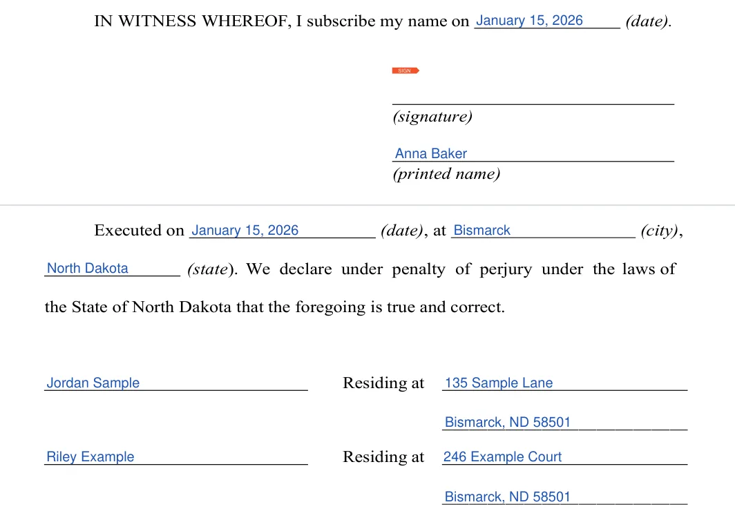 North Dakota last will and testament: signatures and witnesses, filled with sample entries