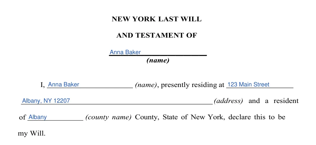 New York last will and testament: testator details, filled with sample entries