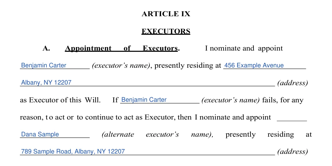 New York last will and testament: executor, filled with sample entries