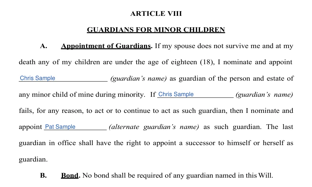 New York last will and testament: guardian, filled with sample entries