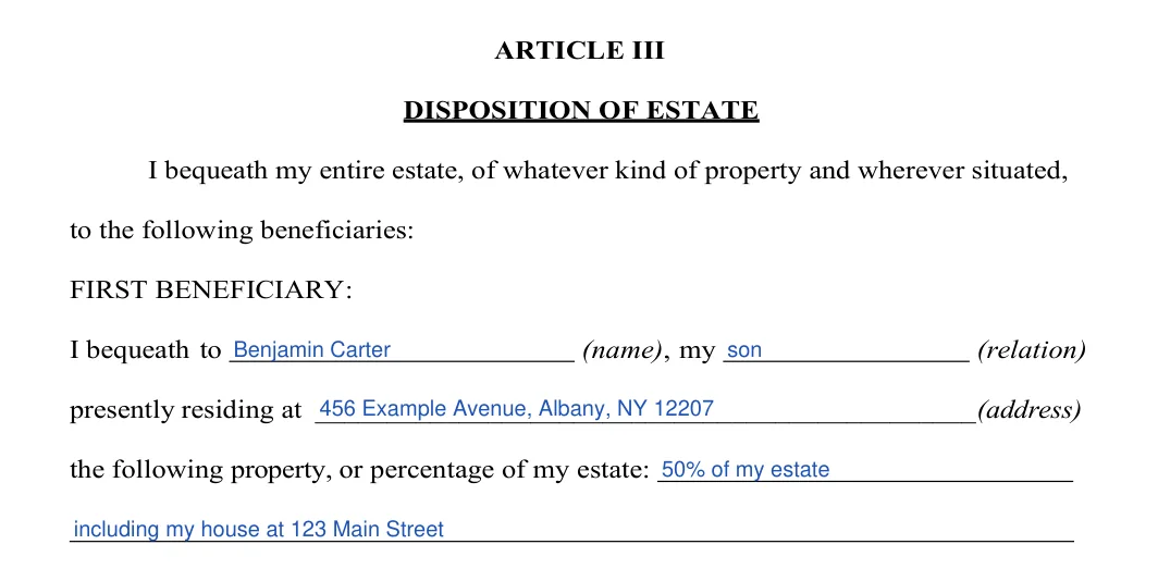 New York last will and testament: beneficiaries, filled with sample entries
