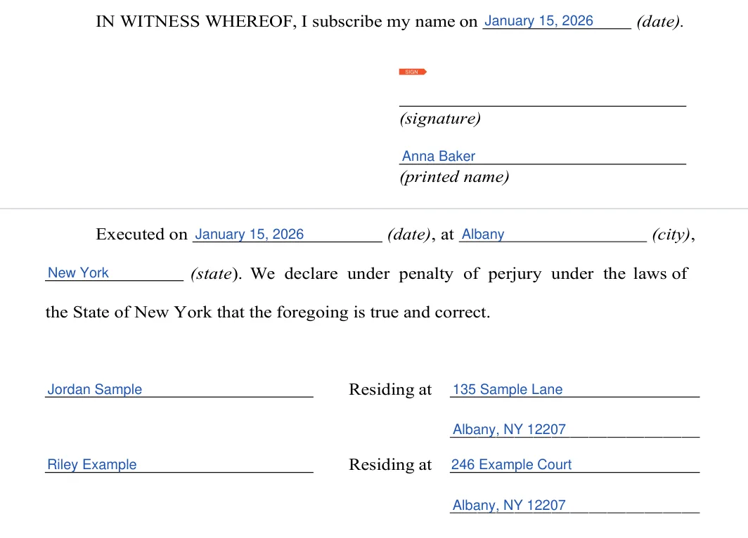 New York last will and testament: signatures and witnesses, filled with sample entries