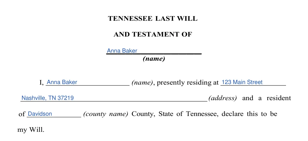 Tennessee last will and testament: testator details, filled with sample entries
