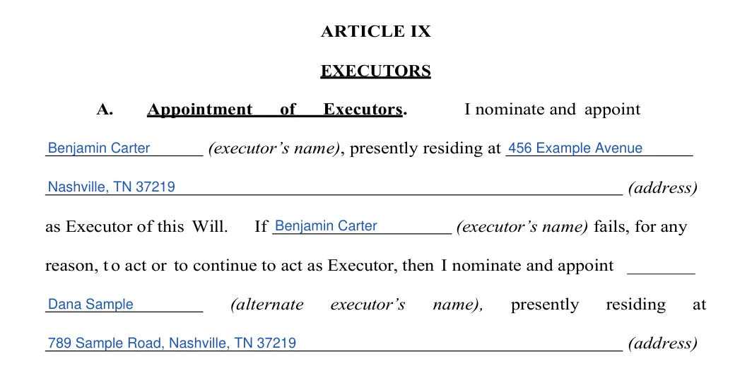 Tennessee last will and testament: executor, filled with sample entries