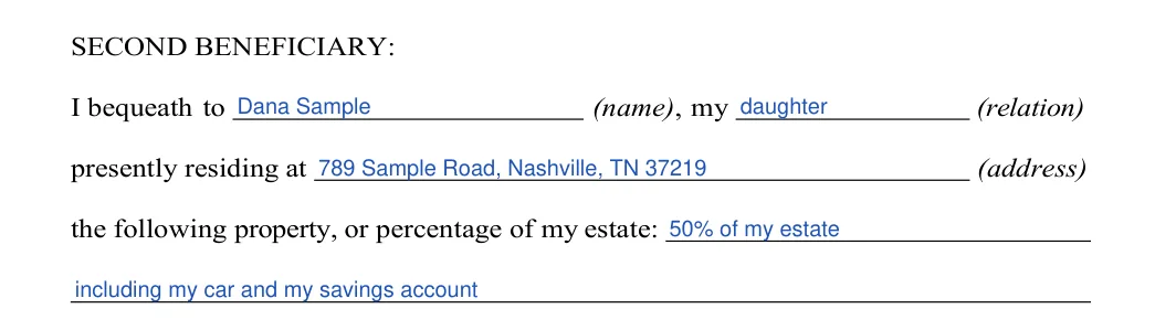Tennessee last will and testament: property for each beneficiary, filled with sample entries