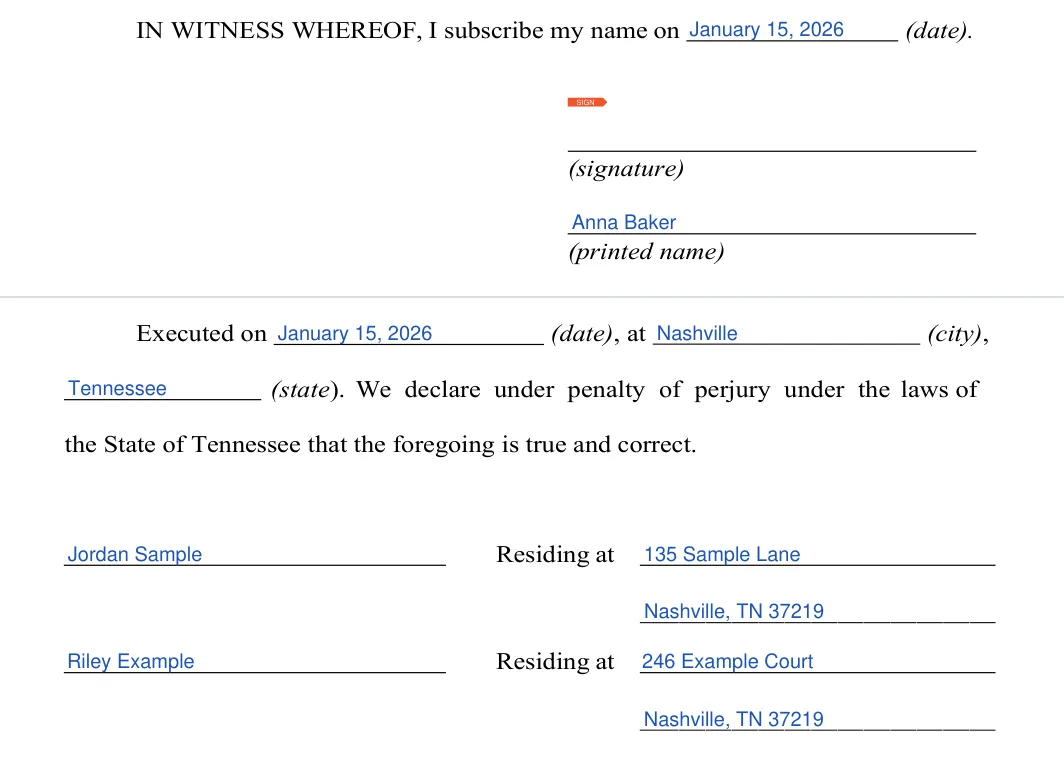 Tennessee last will and testament: signatures and witnesses, filled with sample entries