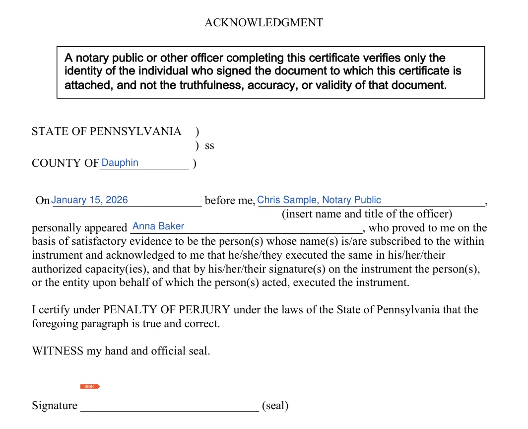 Pennsylvania durable power of attorney: notary acknowledgment, filled with sample entries