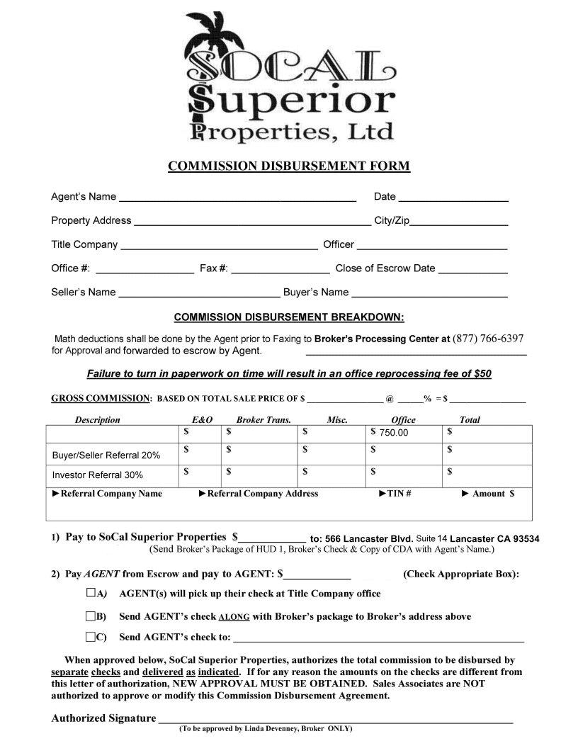 Commision Disbursement Form Fill Out Printable PDF Forms Online