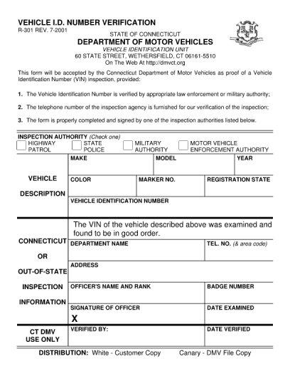 Ct Vin Verification Form Fill Out Printable PDF Forms Online