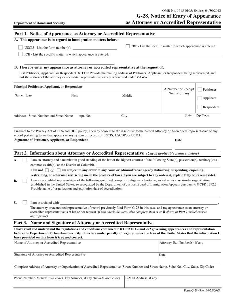 Form G 28 Fill Out Printable PDF Forms Online