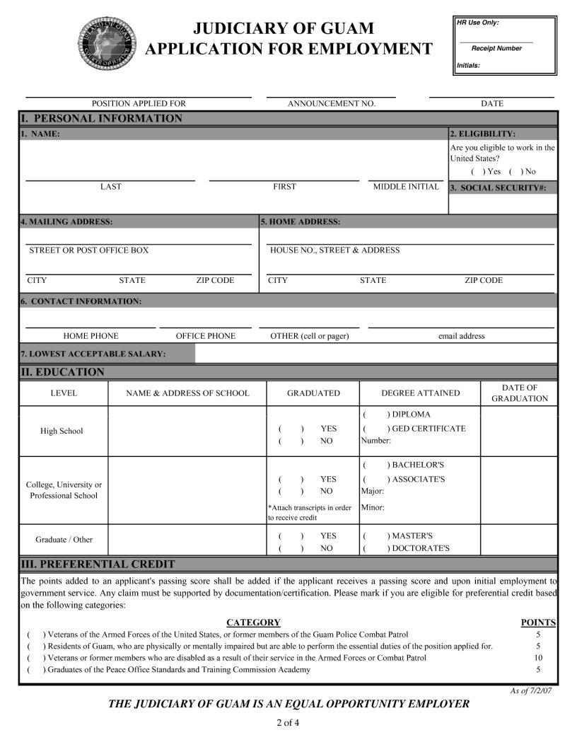 Guam Job Application Form Fill Out Printable PDF Forms Online