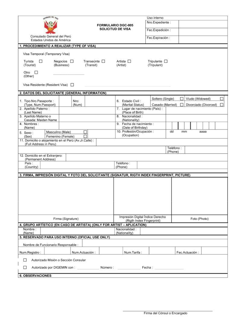 Visa Peru Business Form Fill Out Printable PDF Forms Online