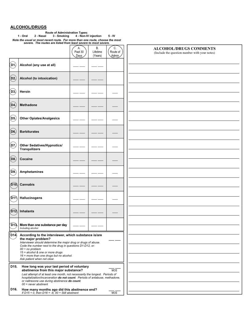 Addiction Severity Index Fifth Edition Fillable Form Printable Forms Free Online 1847