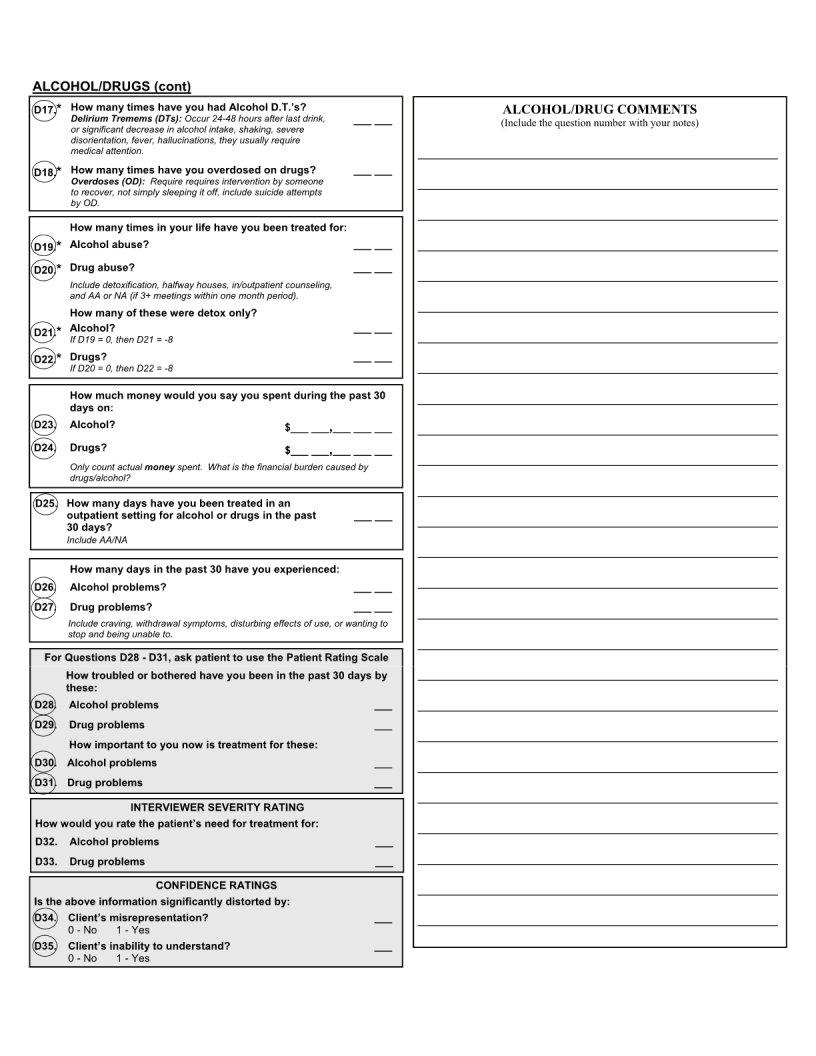 Printable Blank Addiction Severity Index