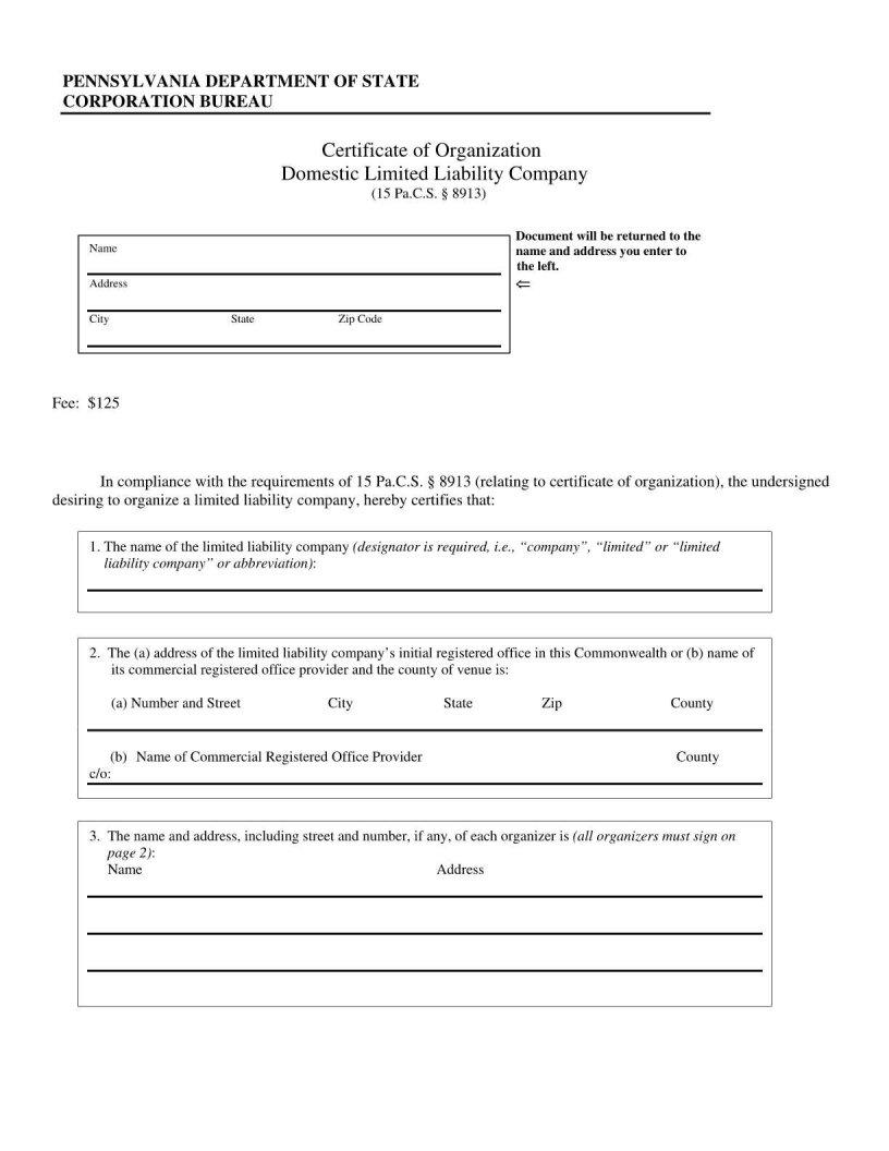 Certficate Of Organization Domestic Llc Sample Pa ≡ Fill Out Printable