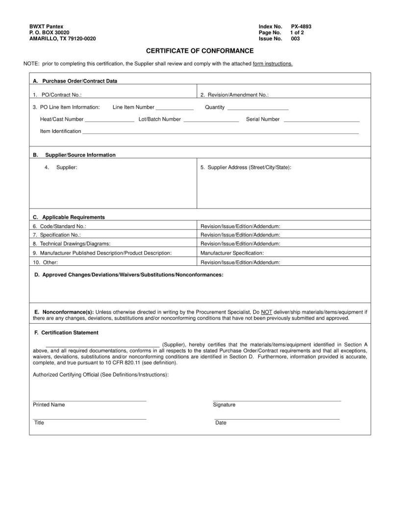 Certificate Of Conformance Template ≡ Fill Out Printable PDF Forms Online