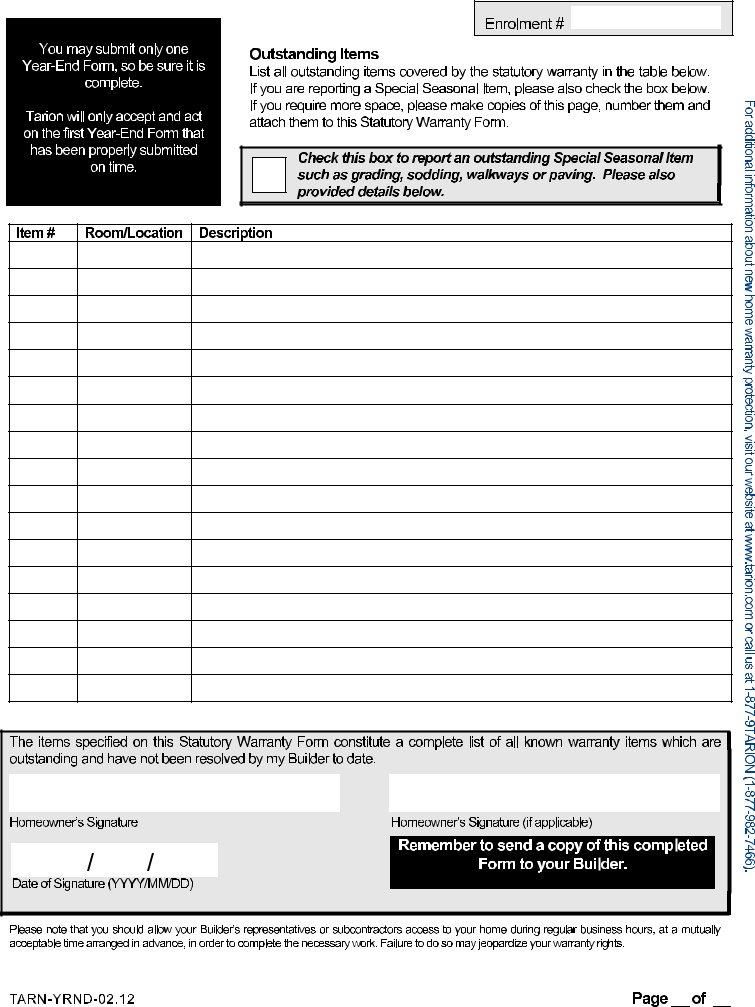 Tarion 30 Day Fillable Form Printable Forms Free Online