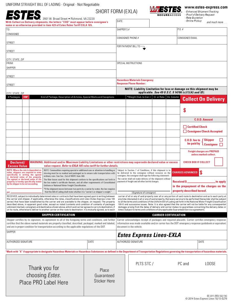 Estes Express Bill Of Lading PDF Form - FormsPal