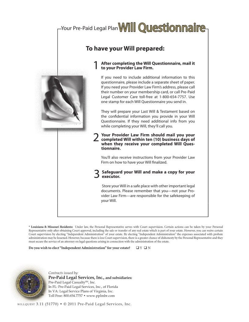 Legalshield Will Questionnaire ≡ Fill Out Printable PDF Forms Online