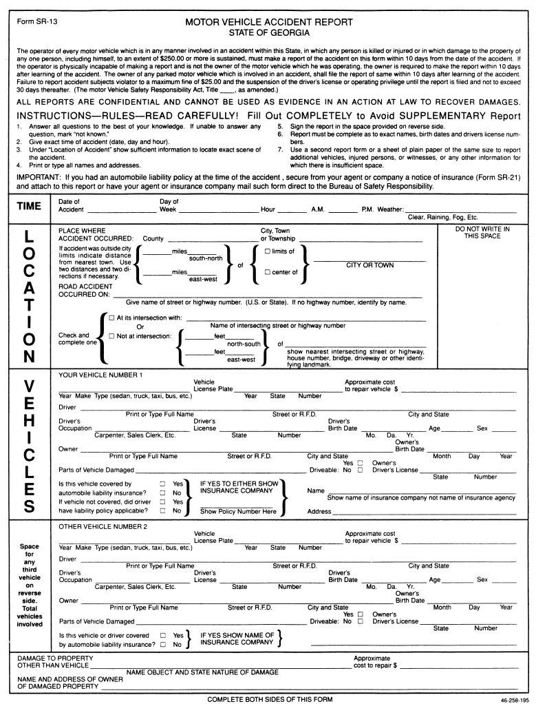 Personal Accident Report Sr 13 Ga PDF Form FormsPal