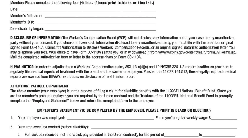 Date disability began ,  Date employee was employed , and EMPLOYERS STATEMENT TO BE in disability application printable