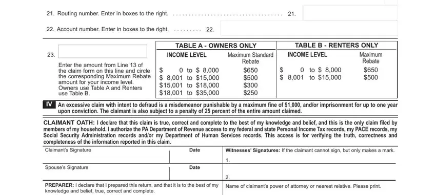 TABLE B  RENTERS ONLY, Name of claimants power of, and  Routing number Enter in boxes to inside pa 1000 property tax rent rebate form