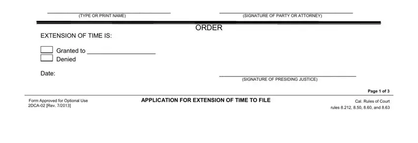 TYPE OR PRINT NAME, SIGNATURE OF PARTY OR ATTORNEY, and Granted to  Denied inside california 2dca