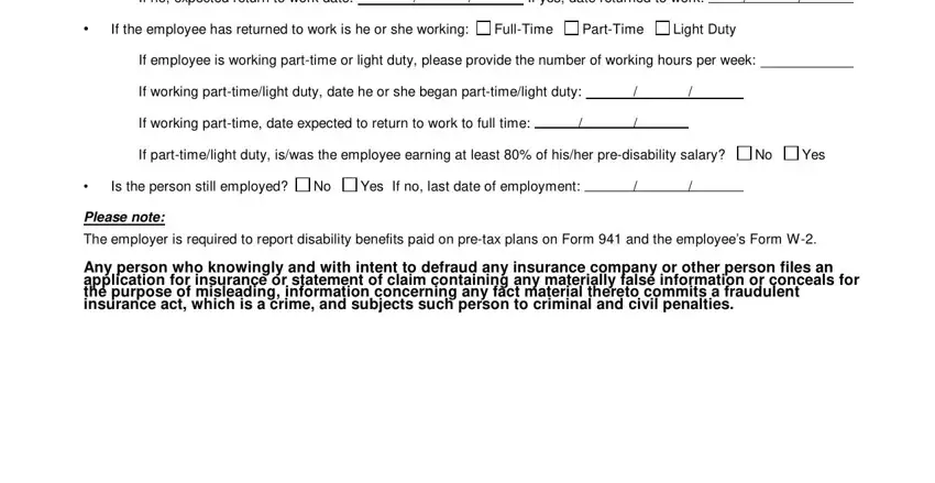 The employer is required to report, FullTime, and Is the person still employed in aflac continuing disability form