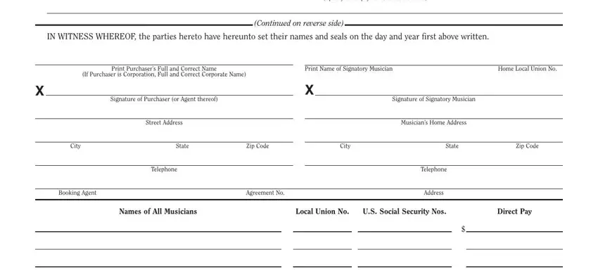 If Purchaser is Corporation Full, Musicians Home Address, and Print Purchasers Full and Correct inside afm form contract