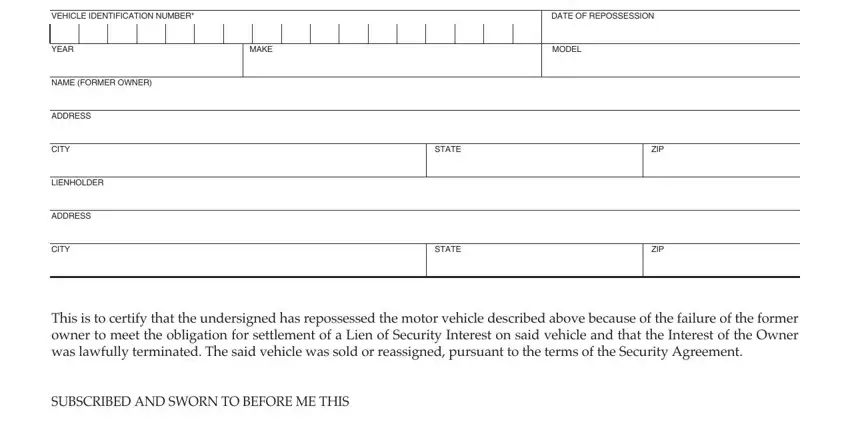 Writing section 1 of repossessed motor vehicle form