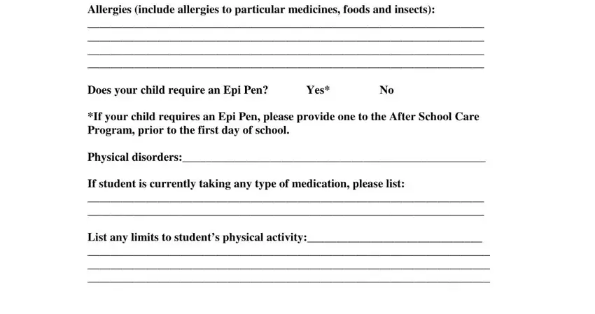 Medical History Allergies include, Medical History Allergies include, and Medical History Allergies include of After School Care Program Registration Form
